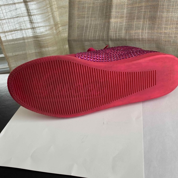 GUCCI PINK FUSCHIA LEATHER FAUX DIAMOND ACCENT LACED HI-CUT SNEAKERS RUBBER 37-7 - Picture 10 of 10